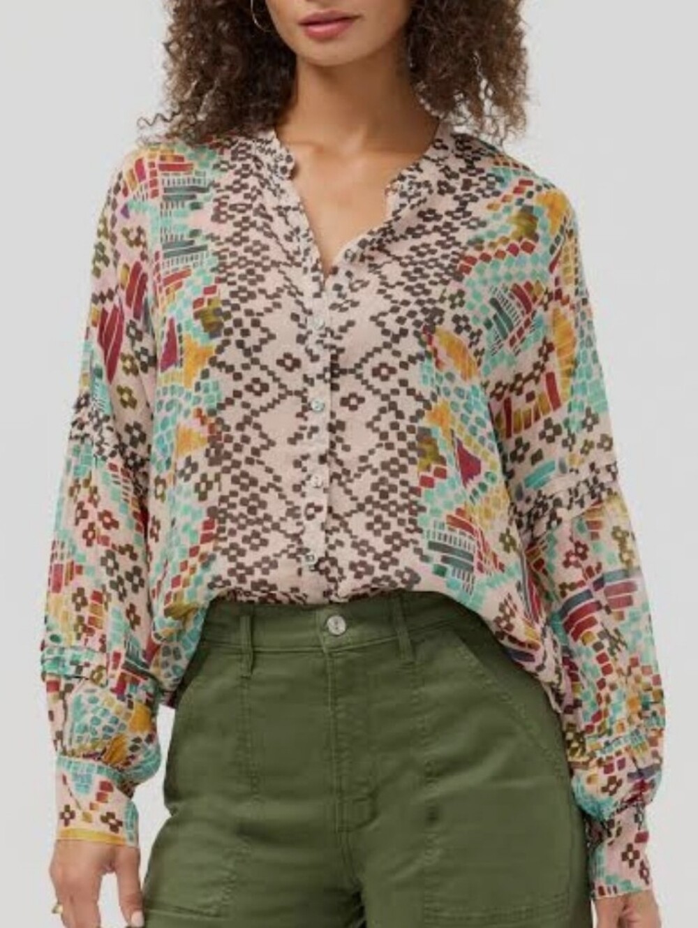 Johnny Was Malina Blouse Etris Geometric Aztec Print Small Womens Artsy FLAW NWT